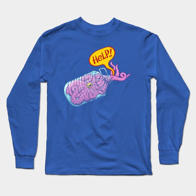 Worried octopus inside a plastic bottle asking for help Long Sleeve T-Shirt by zooco